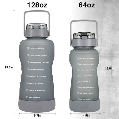 BOTTLE BOTTLE 64 OZ Gallon Motivational Water Bottle with Time Marker Straw & Protective Silicone Boot Workout Water Bottle for Adults and Kids Camping Half Gallon Water Jug (Gray)