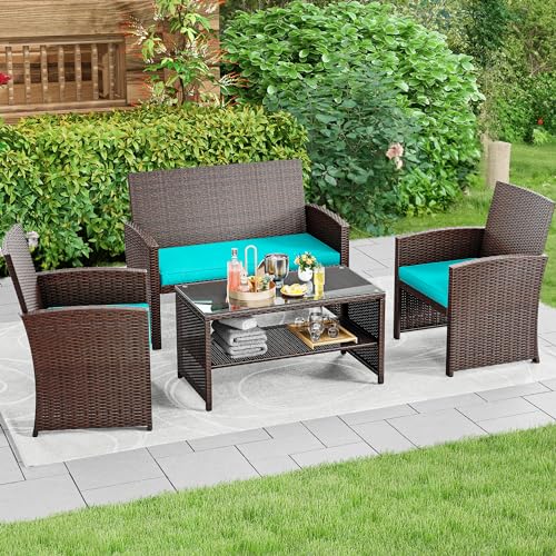 4 Piece Outdoor Wicker Patio Furniture Set with Table