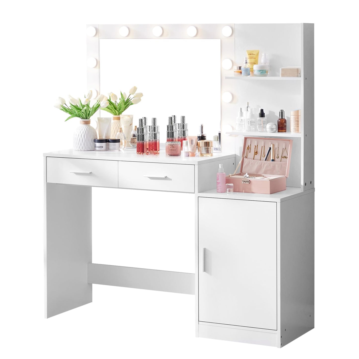 MIRROTOWEL Vanity Desk with Mirror and Lights, 46.7IN Dressing Table with 2 Large Drawer&Large Vertical Organizer, 3 Level Dresser & 3 Lighting Modes Adjustable Brightness, Suitable for Bedroom(white)