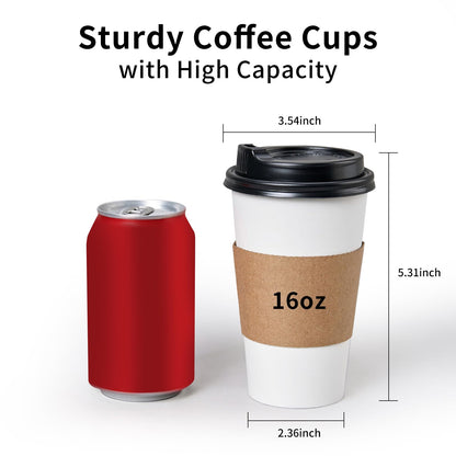 YEEHAW Coffee Cups 16 oz 100 Pack, Disposable Paper Cups with Lids and Sleeves, Hot Cups for Coffee, Hot Tea and Chocolate, Heat & Leak-proof to Go Cups for Hot Beverage in Office, Home and Cafes