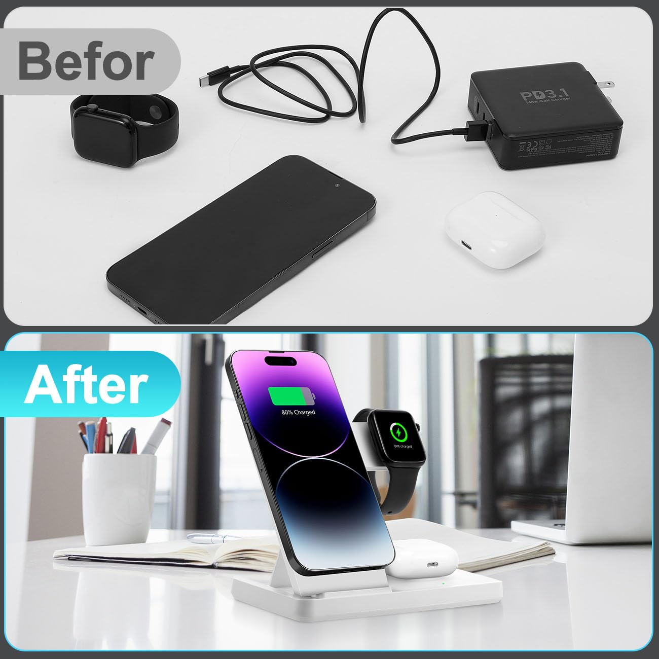 Magnetic 3 in 1 Charging Station for Multiple Devices,Mag-Safe Wireless Charger for iWatch & Airpods Pro 3 2, Foldable Charging Stand Dock for iPhone 12-16 Series with Adapter(White)