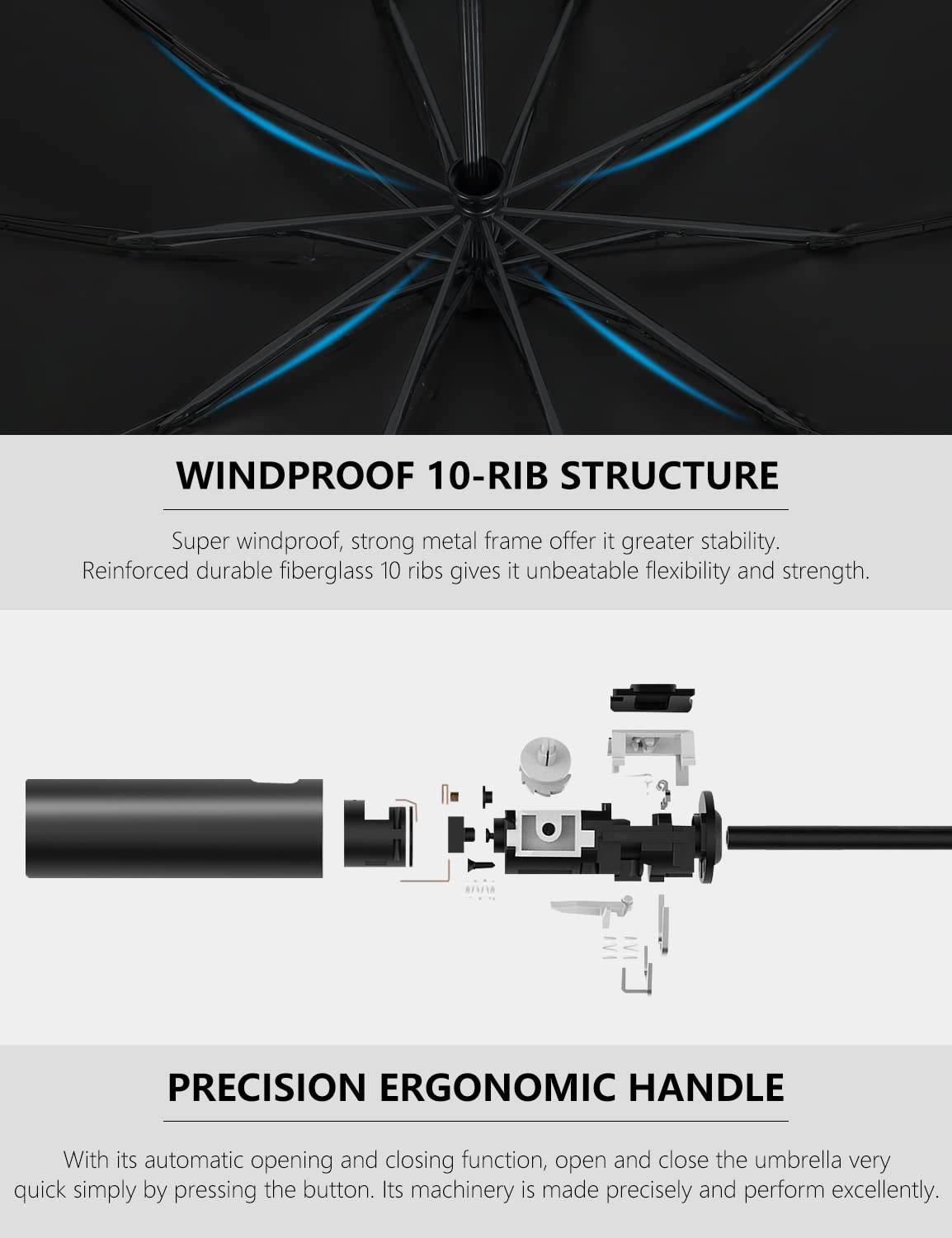 XIXVON Umbrella Pro (10 Ribs, Black) | UPF 50+ 99% UV Protection, Reflective Safety Strip, Sturdy Windproof, Travel Portable, Automatic | Reverse Folding Umbrella
