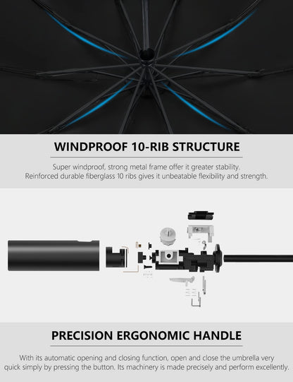 XIXVON Umbrella Pro (10 Ribs, Black) | UPF 50+ 99% UV Protection, Reflective Safety Strip, Sturdy Windproof, Travel Portable, Automatic | Reverse Folding Umbrella