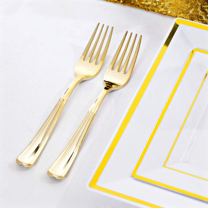 50 Guest Gold Disposable Plates and Utensils Set
