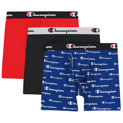Champion Men's Boxer Briefs, Every Day Comfort Stretch Cotton Moisture-Wicking Underwear, Multi-Pack, Blue White Script Logo/Black/Red-3 Pack, Small