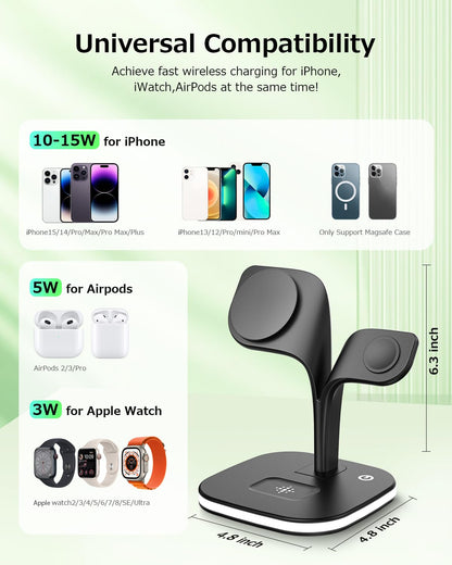 COLSUR Wireless Charging Station for Magsafe Charger, 3 in 1 Magnetic Foldable Wireless Charger Stand for iPhone 15/14/13/12 Series, iWatch Ultra/9/8/7/SE/6/5/4/3/2, AirPods Pro/3/2