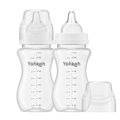 YOHKOH Natural Flow PP Baby Bottle with Natural Response Nipple, Wide Neck Anti-Colic Baby Bottles, Easy to Clean (8.8oz (Pack of 2), White)