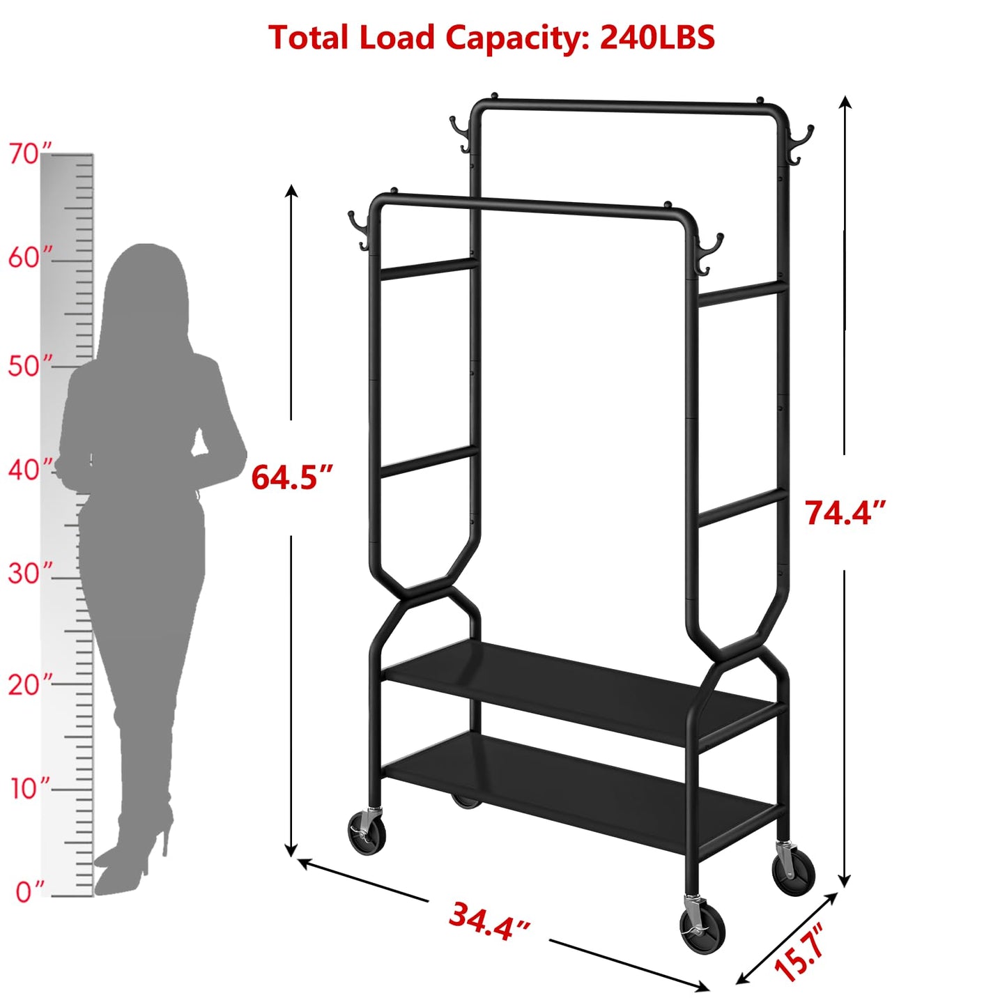 Wiracks Double Rod Rolling Clothes Rack with Shelves