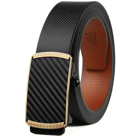 Huztencor Gold Buckle Belt Men, Ratchet Belt Dress Leather Hidden Tail, Jeans Belt with Easier Slide Gold Buckle，Carbon Fiber Black Brown 005 36"-39" 120CM