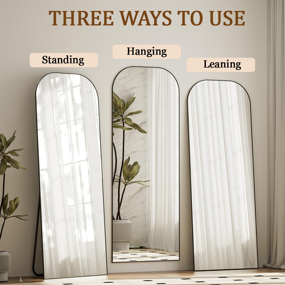 Koonmi Full Length Mirror, 56"x21" Mirror Full Length with Stand, Black Wall Full Body Mirror, Rounded Top Floor Mirror with Aluminum Alloy Frame for Bedroom Living Room