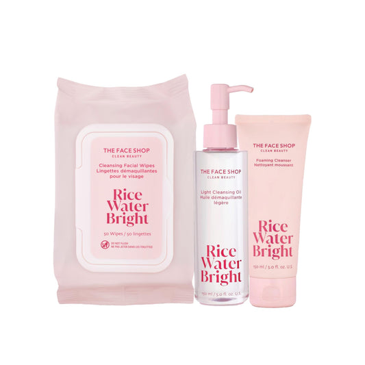 The Face Shop Rice Water Bright Set | Foaming Cleanser, Light Cleansing Oil, Facial Wipes for Hydrating & Moisturizing - Makeup Remover, Gentle & Vegan Face Cleanser for All Skin Types