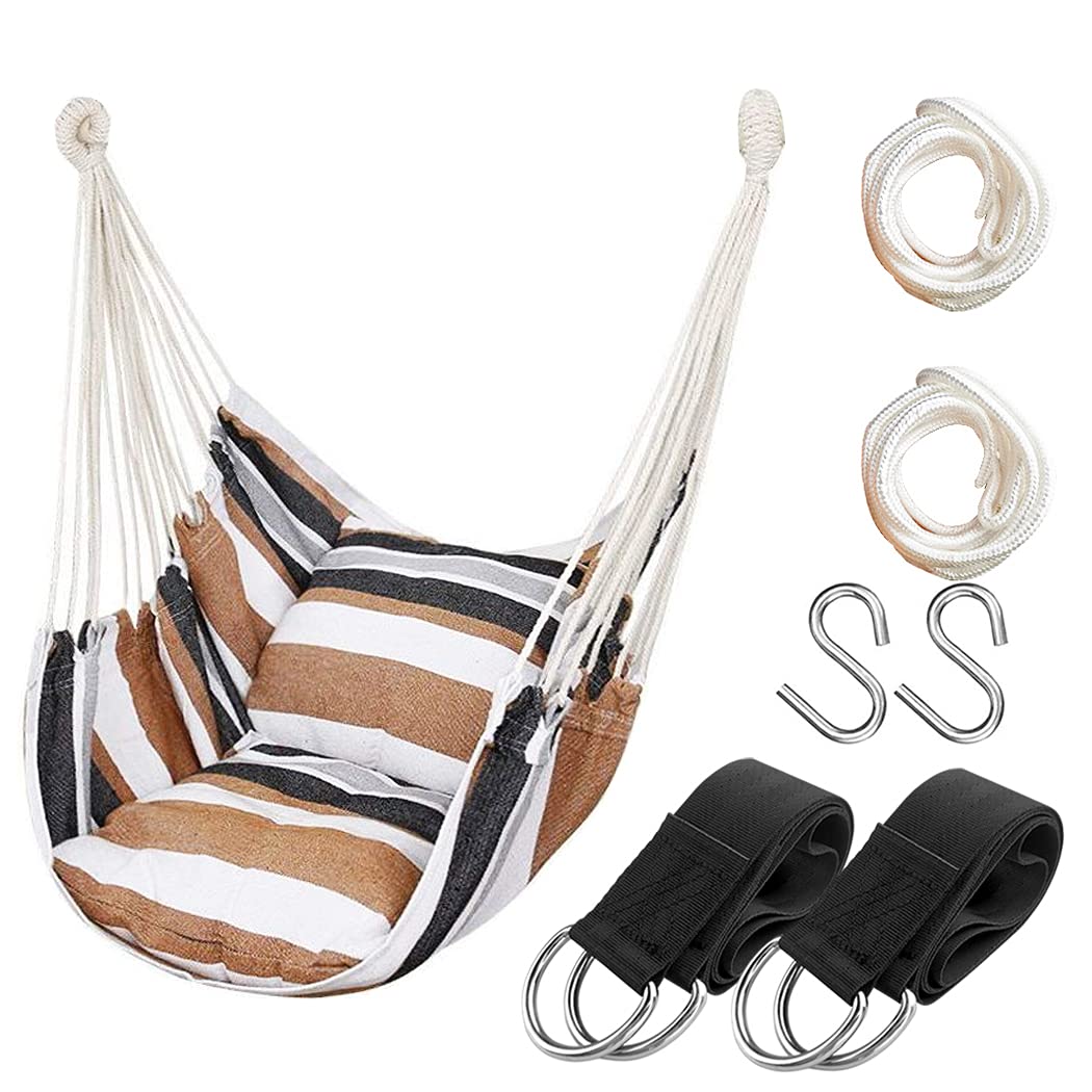 Hammock Chair Hanging Rope Swing Seat for Indoor Outdoor, Sturdy Cotton Weave Hammock Swing, Max 300Lbs Hanging Hammock Chair for Bedroom Patio Porch (Wooden Bar and Pillows NOT Included, Khaki)