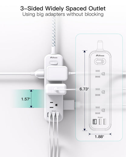 Surge Protector Power Strip, Braided Extension Cord with 9 AC Outlets 2 USB-A 1 USB-C Ports, 5ft Flat Plug Outlet Extension, 3 Sided Desktop Charging Station for Home,Office, Dorm, Travel, 900J