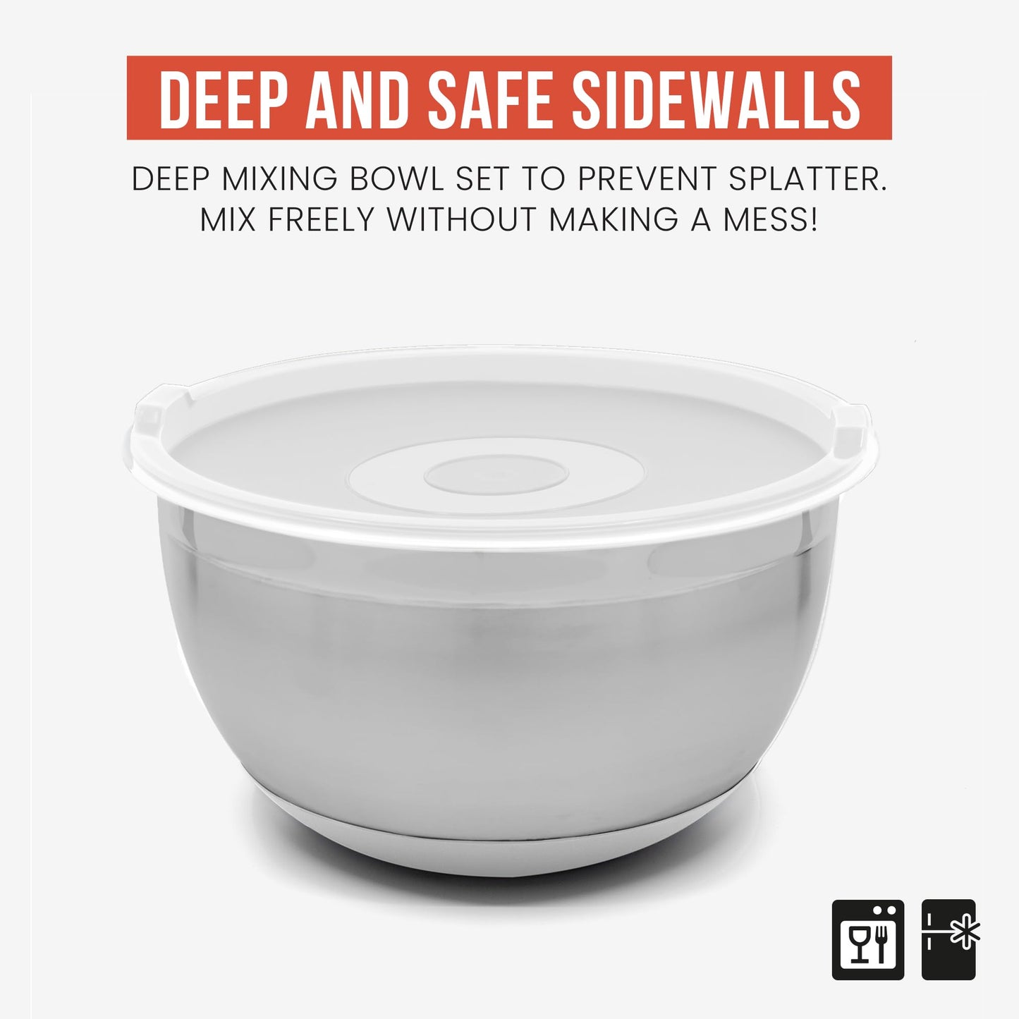 Chef Pomodoro Stainless Steel Mixing Bowl Set, Metal Mixing Bowls with Lids Set, Non-Slip Silicone Base, Nesting Bowls - 3 Piece (1.5 Qt, 3 Qt, 5 Qt), Mixing Bowls for Kitchen, Salad, Baking (Grey)