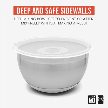 Chef Pomodoro Stainless Steel Mixing Bowl Set, Metal Mixing Bowls with Lids Set, Non-Slip Silicone Base, Nesting Bowls - 3 Piece (1.5 Qt, 3 Qt, 5 Qt), Mixing Bowls for Kitchen, Salad, Baking (Grey)