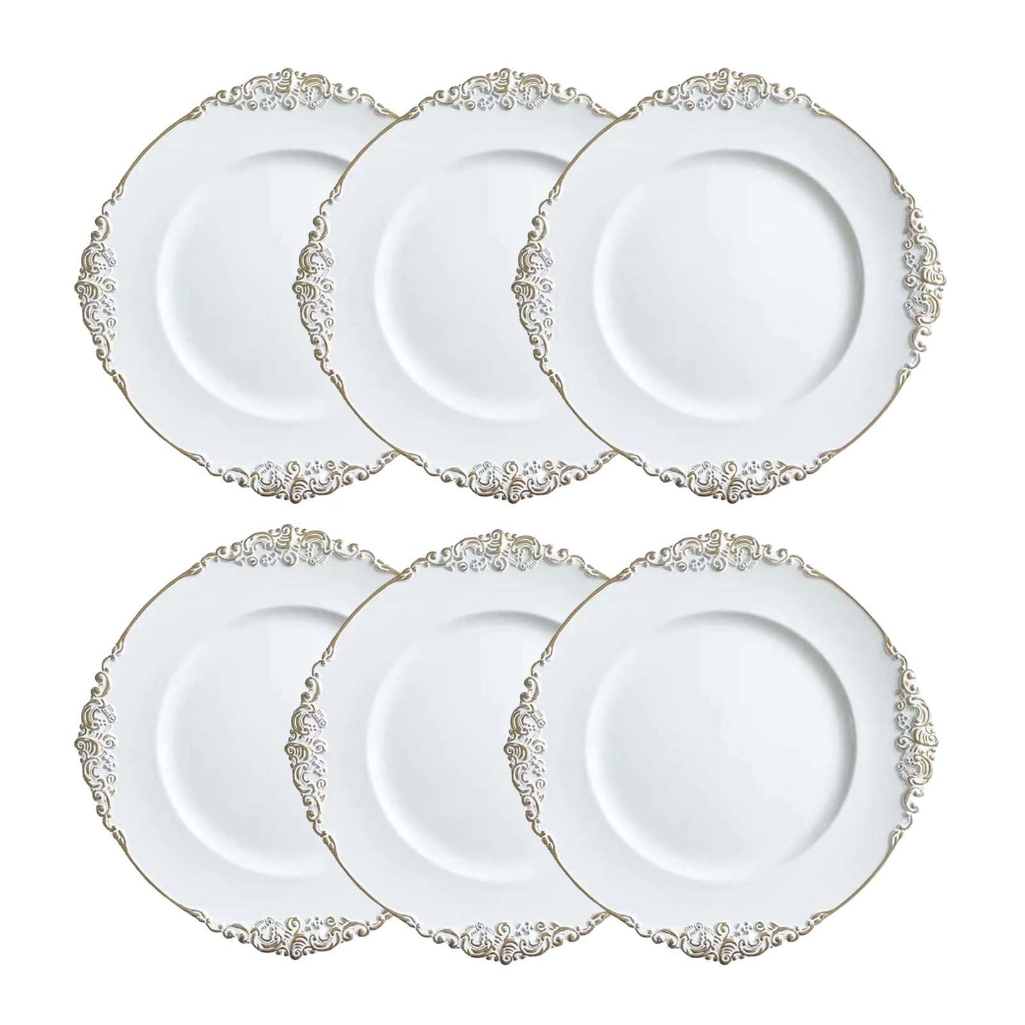 Junnfun White Charger Plates Set of 6,White Chargers for Dinner Plates,Plastic Charger Plates White and Gold Rim Charger Plates,Vintage Plate Chargers for Table Settings,Sturdy and Beautiful
