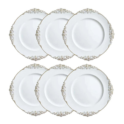 Junnfun White Charger Plates Set of 6,White Chargers for Dinner Plates,Plastic Charger Plates White and Gold Rim Charger Plates,Vintage Plate Chargers for Table Settings,Sturdy and Beautiful