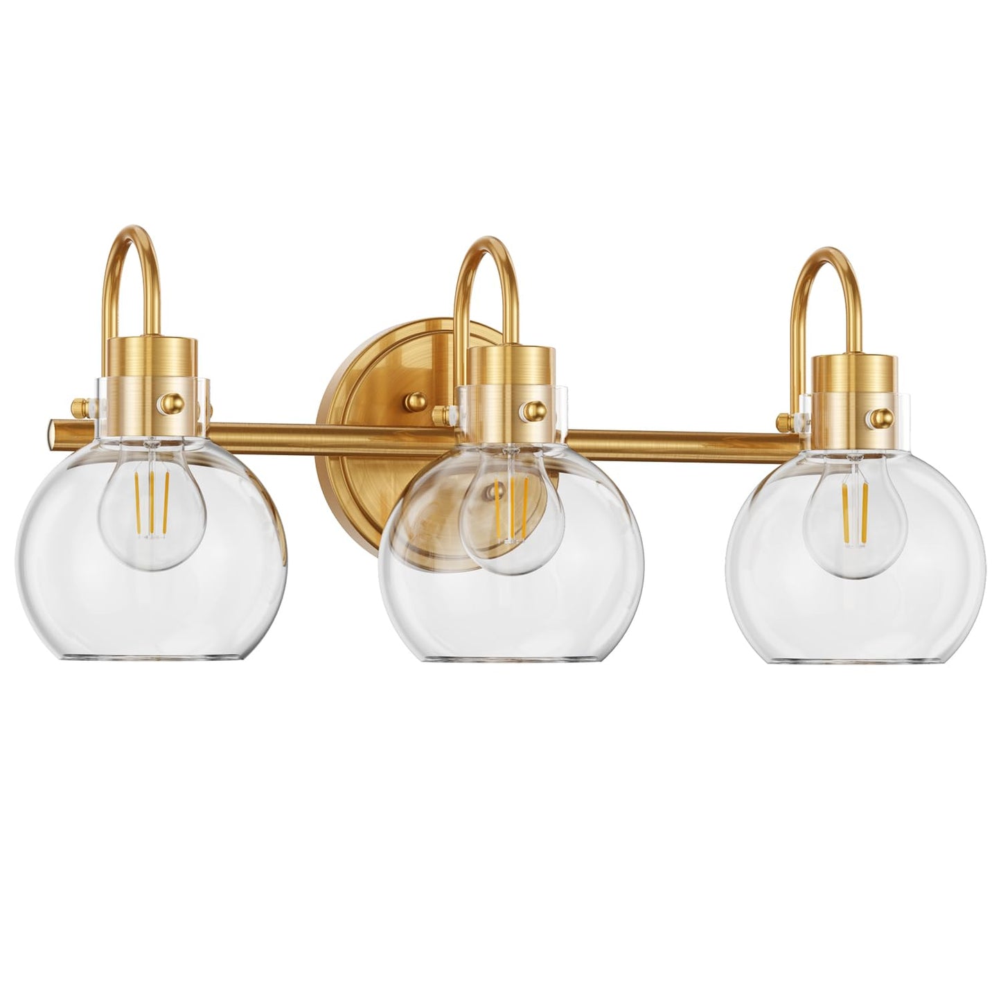 3-Light Vanity Light, Brushed Brass Bathroom Light Fixtures, Farmhouse Wall Sconces with Globe Clear Glass Shade, Porch Wall Mount Lamp for Mirror, Kitchen, Porch, Living Room, Workshop (E26 Base)