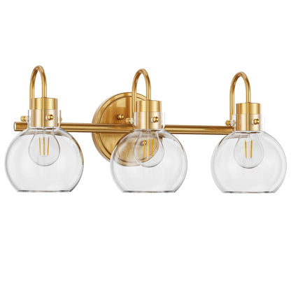 3-Light Vanity Light, Brushed Brass Bathroom Light Fixtures, Farmhouse Wall Sconces with Globe Clear Glass Shade, Porch Wall Mount Lamp for Mirror, Kitchen, Porch, Living Room, Workshop (E26 Base)