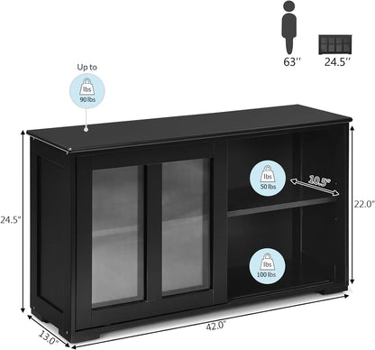 Byroce Sideboard Buffet Cabinet, Stackable Storage Coffee Bar Cabinet with Adjustable Shelf & Glass Sliding Doors, Wood Cupboard Credenza Console Table for Kitchen Dining Living Room (1, Black)