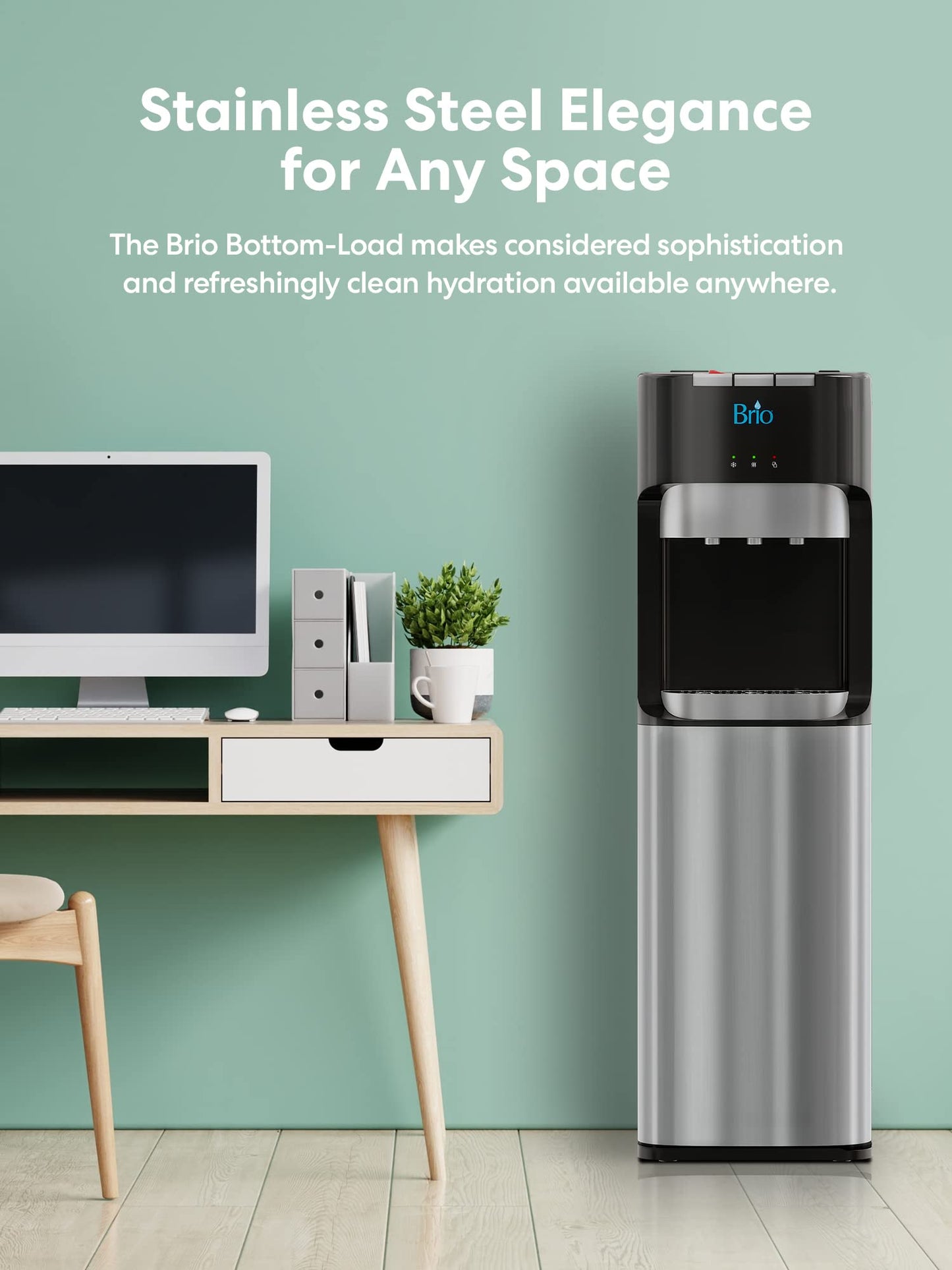 Brio Bottom Loading Water Cooler Dispenser for 5 Gallon Bottles - 3 Temperatures with Hot, Room & Cold Spouts, Child Safety Lock, LED Display with Empty Bottle Alert, Stainless Steel