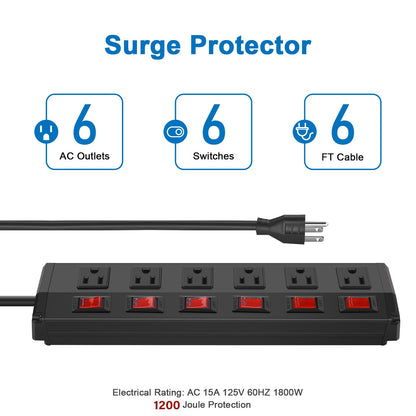 CCCEI Metal Power Strip Individual Switches 6 Outlets, Heavy Duty Power Strip Surge Protector for Appliances, 15FT Extension Cord Strip, 1200J Surge Protector 15A 120V 1800W.