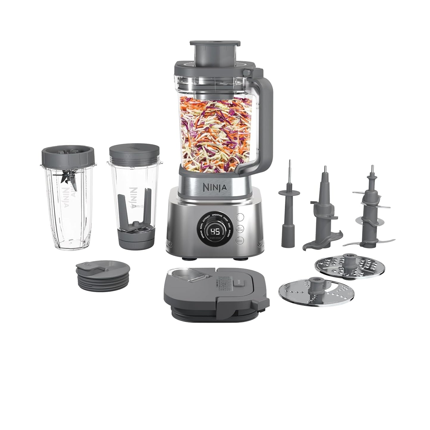 Ninja Blender and Food Processor Combo, Foodi Power Blenders For-Kitchen and Personal Size, Smoothie Maker, 6 Functions for-Bowls, Spreads, Shakes, 72-oz. Glass Pitcher and To-Go Cups, Silver SS401