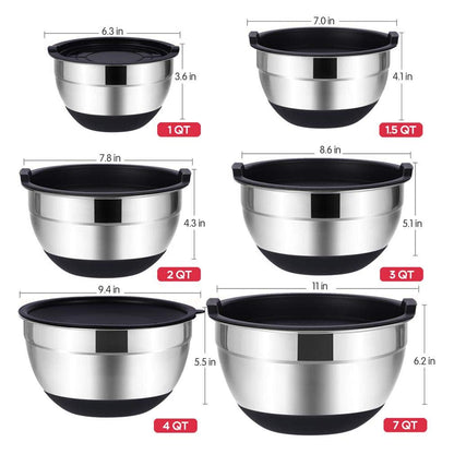 Mixing Bowls Set with Airtight Lids, 20PCS Stainless Steel, Nesting Bowls with 3 Grater Attachments & Non-Slip Bottoms, Size7, 4, 3, 2, 1.5, 1QT Bowls for Baking&Prepping