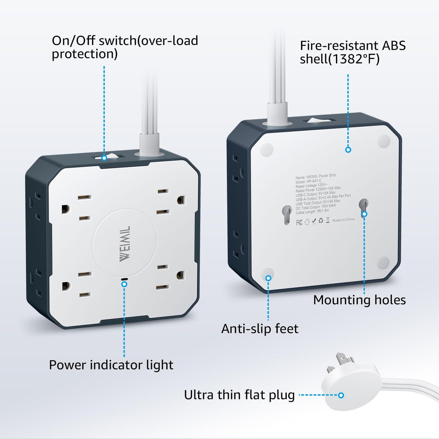 WEIMIL Flat Plug Power Strip with USB Ports