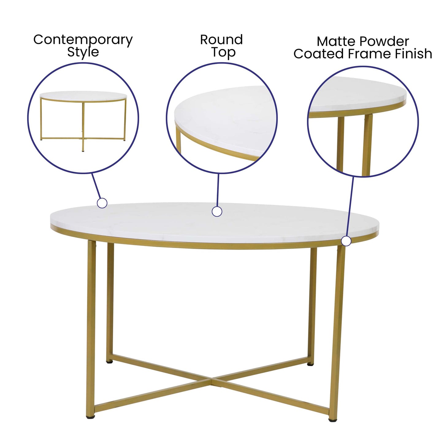 Flash Furniture Hampstead Collection Coffee Table - Modern White Marble Finish Coffee Table - Crisscross Brushed Gold Frame