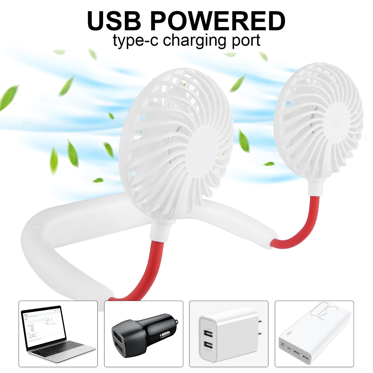 Portable Neck Fan with Rechargeable Battery - White