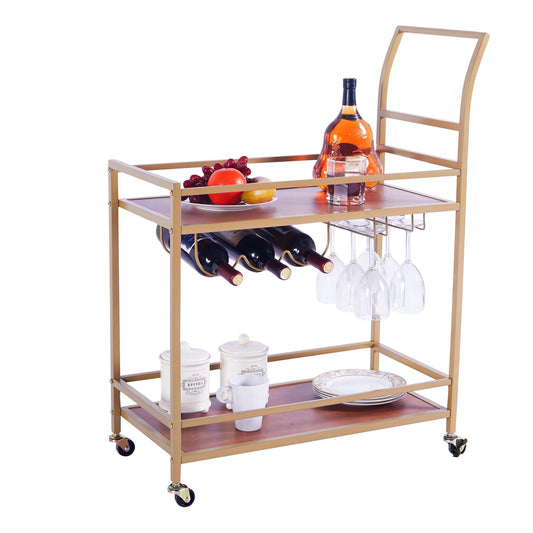 JBBCN Gold Bar Cart with Wheels, Home Bar Serving Cart with 2-Tier Wooden Shelves, Wine Racks, Glass Holders for Kitchen, Dining Room, and Party, Rolling Beverage Car