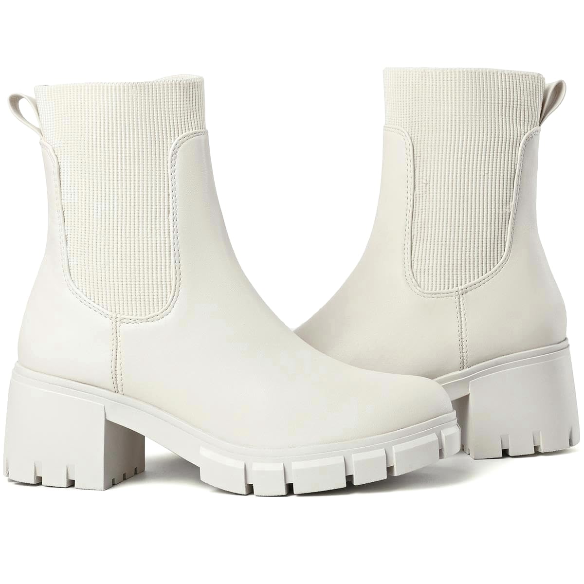 GOUPSKY Ankle Boots for Women Lug Sole Slip On Chelsea Booties Platform Chunky Mid Block Heel Boot White 9