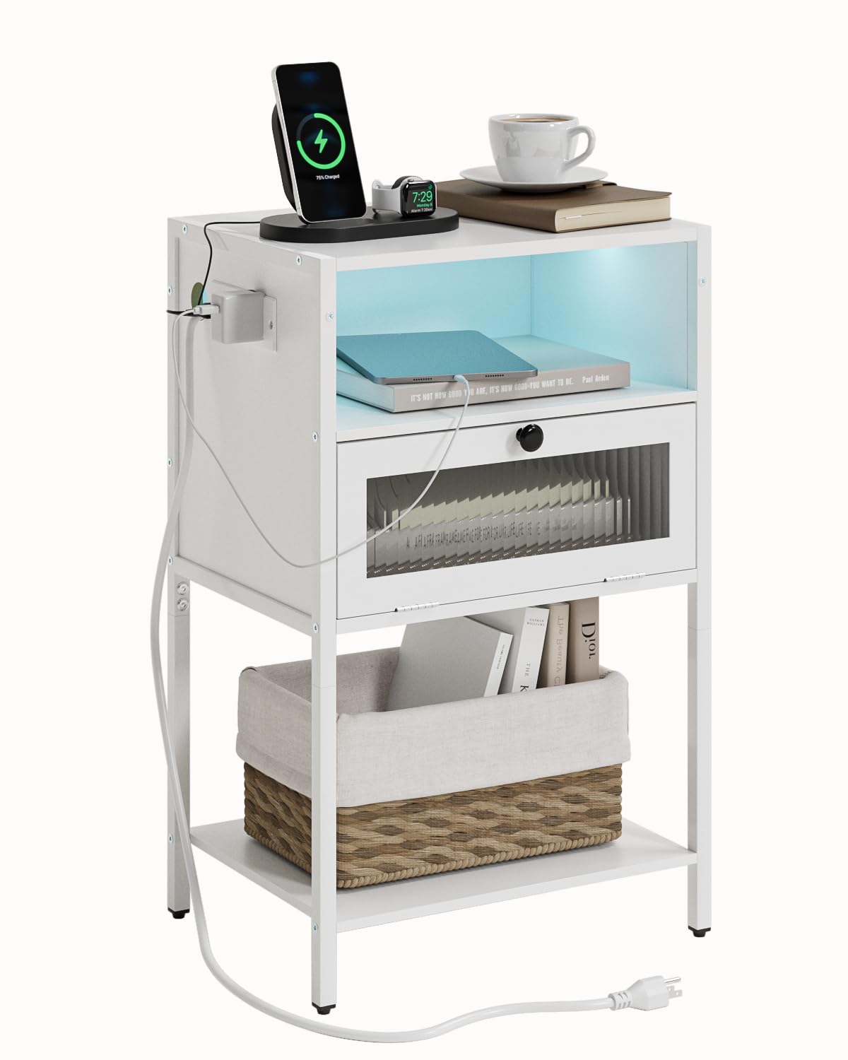 Masupu Nightstand with Charging Station and LED Lights, Bedside Table with Storage, Modern Side Table End Table with Glass Decorative Door for Bedroom, Living Room, White