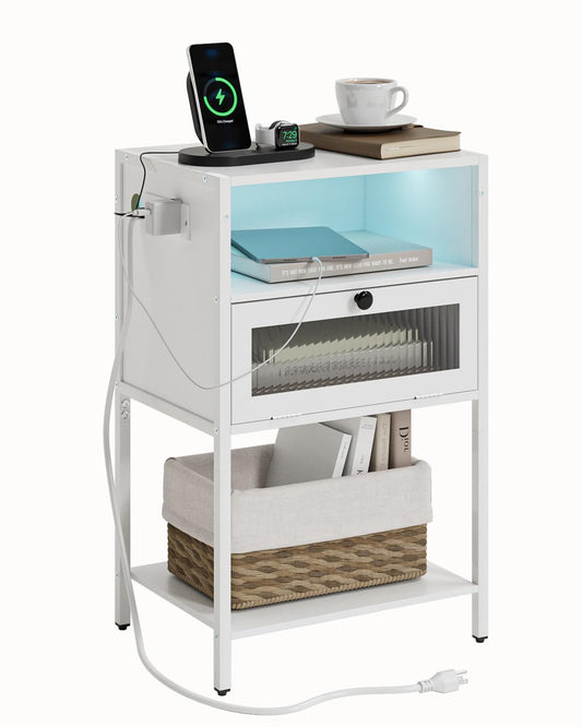 Masupu Nightstand with Charging Station and LED Lights, Bedside Table with Storage, Modern Side Table End Table with Glass Decorative Door for Bedroom, Living Room, White