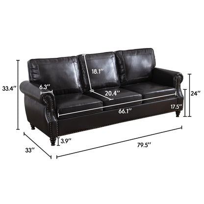 Dreamsir 79'' Traditional Faux Leather Sofa Couch with Nailhead Trim, Classic 3-Seater Couch with Rolled Arms for Living Room, Bedroom, Apartment, Easy Assembly (Charcoal)