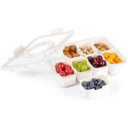 Divided Serving Tray with Lid and Handle, Snackle Box Charcuterie Container Portable for Snack Platters Reusable Clear Organizer 8 Compartments for Candy, Fruits, Nuts Perfect for Party Entertaining