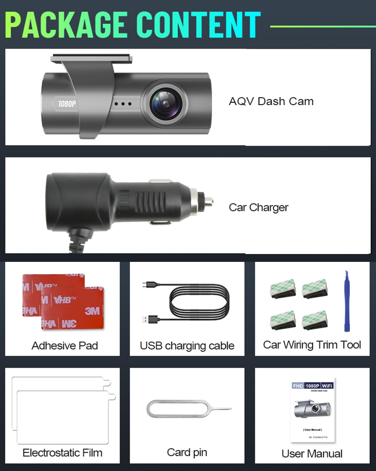 AQV Dash Cam Front 1080P WiFi, Mini Dash Camera for Cars with App Control, 170° Wide Angle, G-Sensor, Loop Recording, Super Night Vision, Safer Super Capacitor for Dashcam Car Camera, MAX 64GB