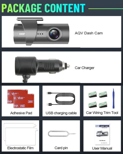 AQV Dash Cam Front 1080P WiFi, Mini Dash Camera for Cars with App Control, 170° Wide Angle, G-Sensor, Loop Recording, Super Night Vision, Safer Super Capacitor for Dashcam Car Camera, MAX 64GB