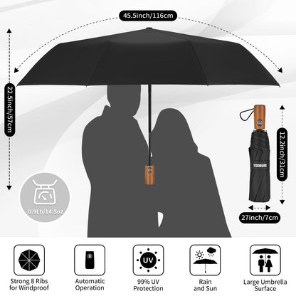 Windproof Travel Umbrella with Wood Handle
