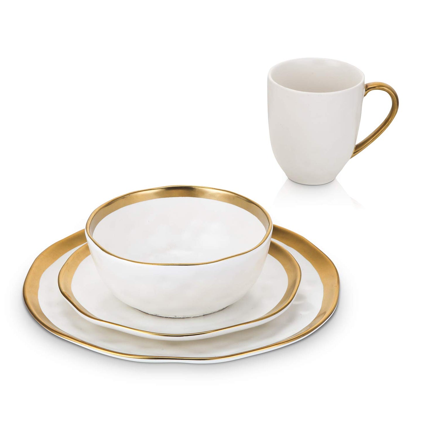 Stone Lain Modern Poreclain 16 Piece Dinnerware Set, Plates and Bowls Set, Dish set for 4, White And Golden Rim