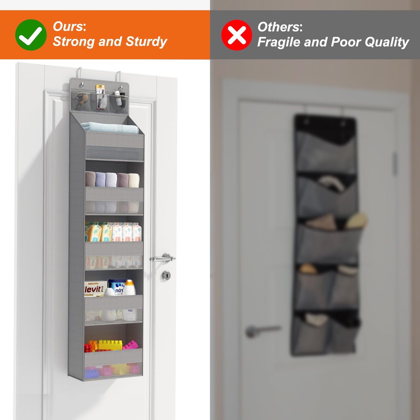 Fixwal Over the Door Organizer 6 Shelf Hanging Storage Organizer with 3 Pockets for Bedroom, Living Room, Baby Nursery, Bedroom, Kitchen, Grey