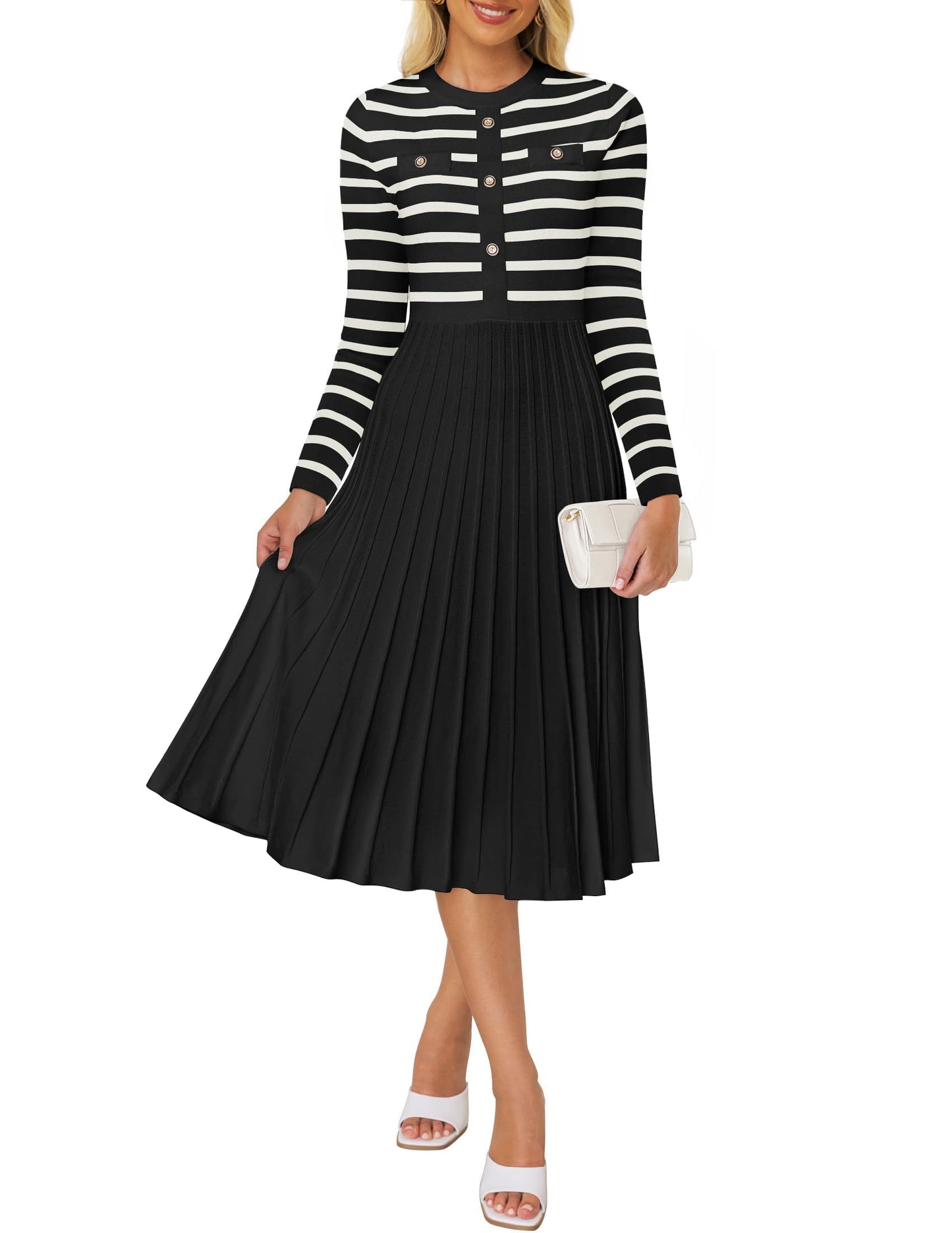 ZESICA Womens Long Sleeve Striped Midi Dresses Crewneck Button Ribbed Knit Pleated A Line Swing Sweater Dress,Black,Medium