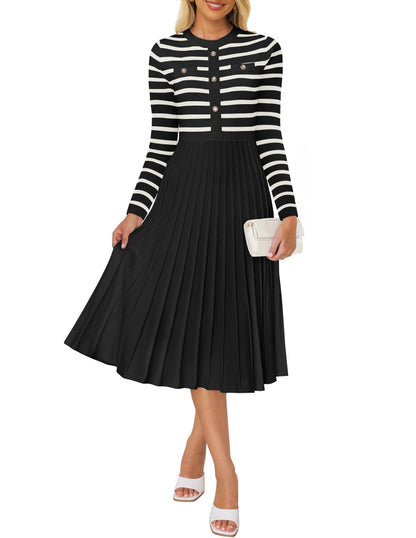 ZESICA Womens Long Sleeve Striped Midi Dresses Crewneck Button Ribbed Knit Pleated A Line Swing Sweater Dress,Black,Medium