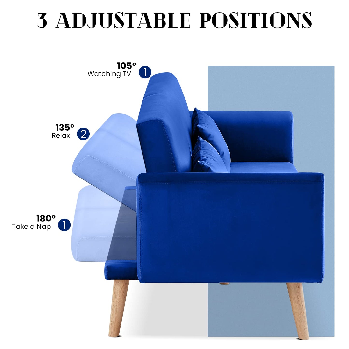 DKLGG Blue Futon Sofa Bed, Velvet Convertible Sofa Couch Sleeper with Wood Legs & 2 Pillows, Upholstered Loveseat for Small Spaces Living Room Bedroom Furniture, 3 Adjustable Positions, Easy Assembly