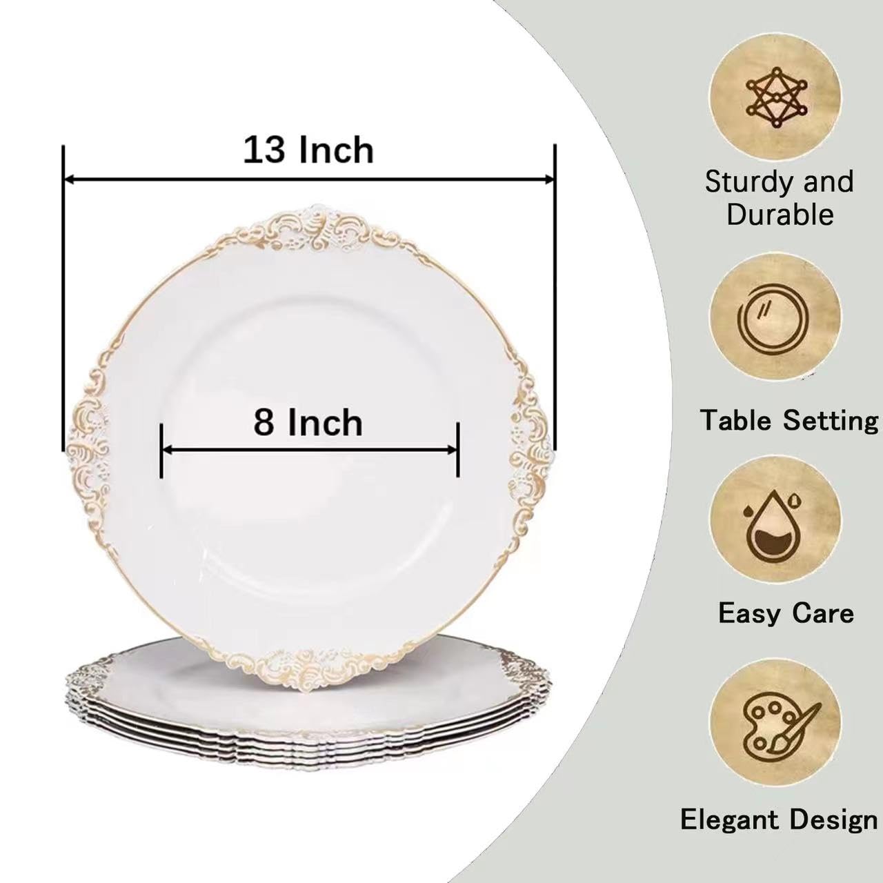 Junnfun White Charger Plates Set of 6,White Chargers for Dinner Plates,Plastic Charger Plates White and Gold Rim Charger Plates,Vintage Plate Chargers for Table Settings,Sturdy and Beautiful