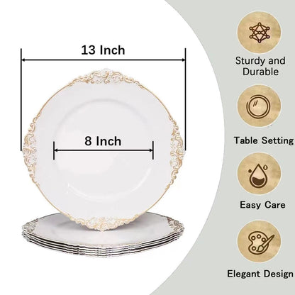 Junnfun White Charger Plates Set of 6,White Chargers for Dinner Plates,Plastic Charger Plates White and Gold Rim Charger Plates,Vintage Plate Chargers for Table Settings,Sturdy and Beautiful
