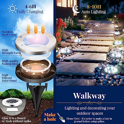 SOLPEX Solar Ground Lights, 12 Pack Solar Lights Outdoor Waterproof, 8 LED Solar Powered Landscape Lighting for Garden Yard Patio Pathway Driveway Walkway (Cool White)