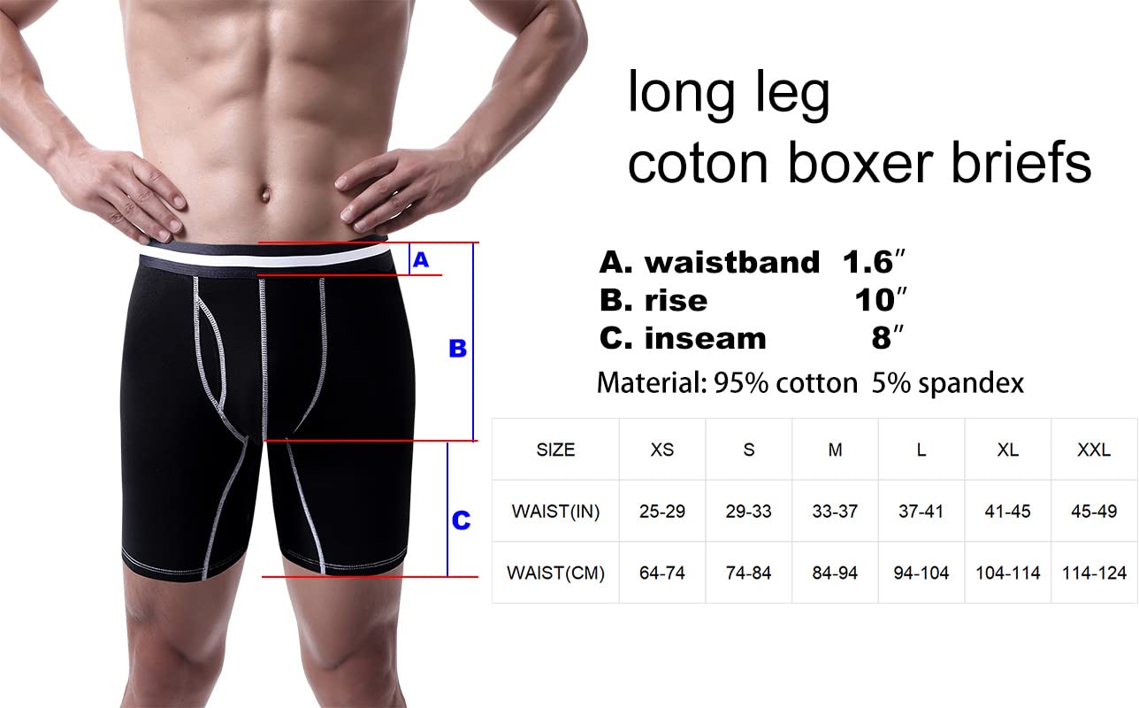 Men's Long Leg Boxer Briefs Cotton Underwear with Fly Pouch, 3-Pack (Black, Small)
