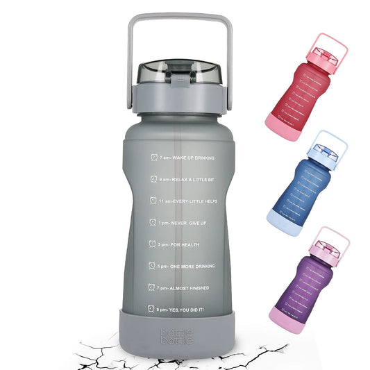 BOTTLE BOTTLE 64 OZ Gallon Motivational Water Bottle with Time Marker Straw & Protective Silicone Boot Workout Water Bottle for Adults and Kids Camping Half Gallon Water Jug (Gray)